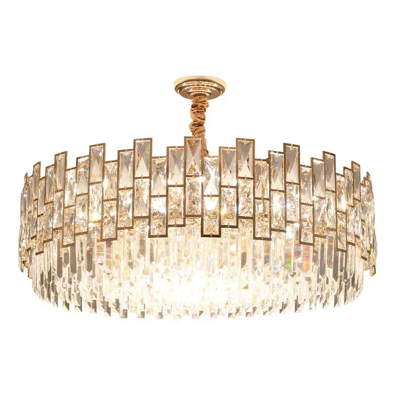 Gold-toned decorbites crystal chandelier with cascading crystal prisms and braided rope suspension for living room