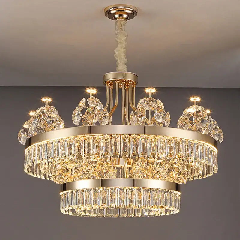 Postmodern gold double layer decorbites crystal chandelier with clear crystal prisms for living room decor