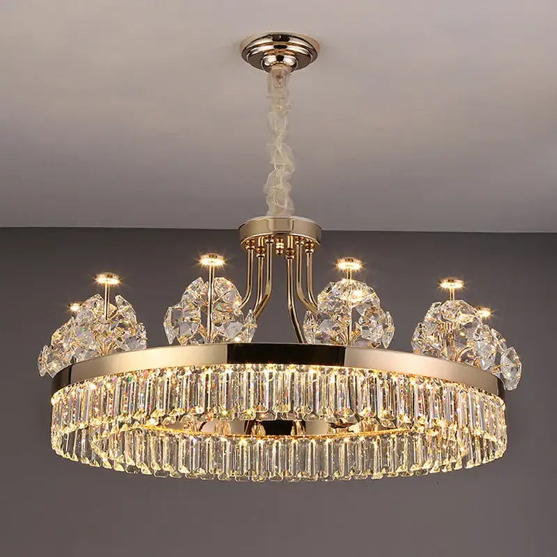 Postmodern gold decorbites crystal chandelier with two tiers of clear prisms suspended by twisted white cord for living room