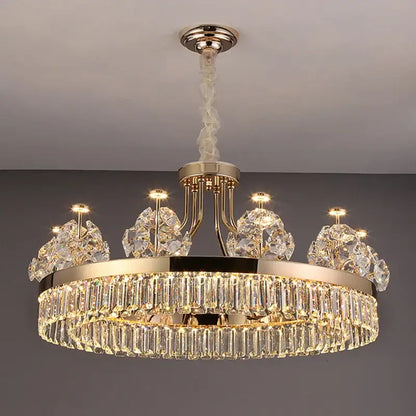 Postmodern gold decorbites crystal chandelier with two tiers of clear prisms suspended by twisted white cord for living room