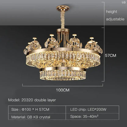 Postmodern gold double layer decorbites crystal chandelier with cascading gb k9 crystal strands for living room decor