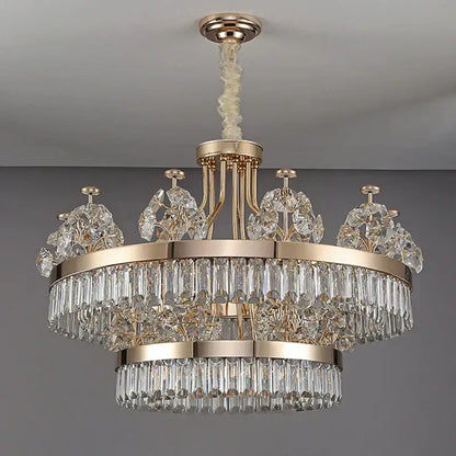 Postmodern gold double layer decorbites crystal chandelier with cascading clear faceted crystals for living room use