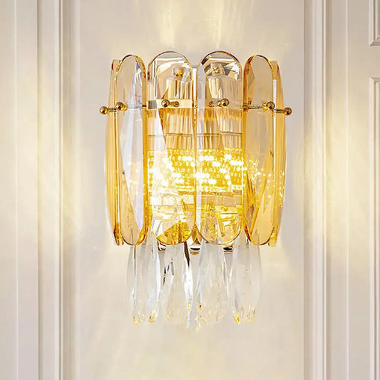Postmodern gold wall light with faceted crystal amber glass panels and crystal droplets for bedroom use