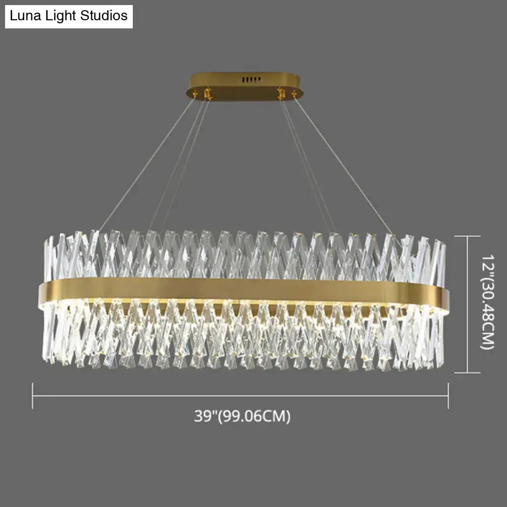Postmodern gold finish pendant light with oval brass band and clear k9 crystal prisms fixture width ideal for bedroom
