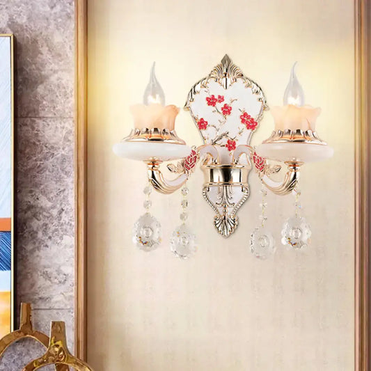 Elegant postmodern gold wall sconce with frosted glass floral shades and crystal droplets for 110v-120v use