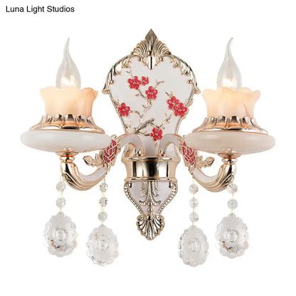 Ornate gold frosted glass floral wall sconce with cherry blossom porcelain panel 110v-120v for dining room lighting
