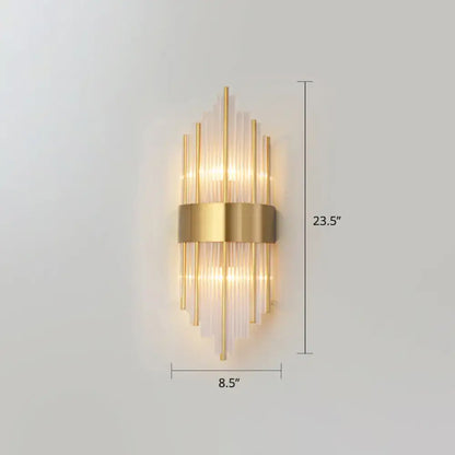Postmodern gold k9 crystal wall sconce with vertical glass rods and central metallic band for living room lighting