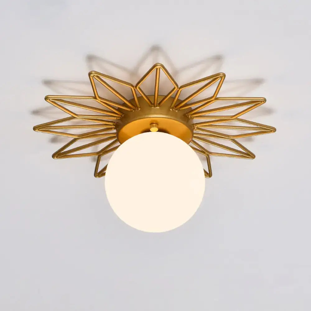 Decorbites gold flushmount bedroom ceiling light with gold-toned starburst design and cream glass shade 220v-240v 110v-120v
