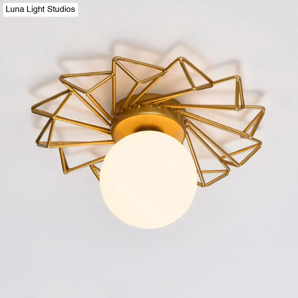DecorBites gold flushmount bedroom ceiling light with cream glass shade and geometric wireframe for 220v-240v 110v-120v use