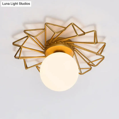 Decorbites gold flushmount bedroom ceiling light with gold-toned geometric frame cream glass shade 220v-240v 110v-120v