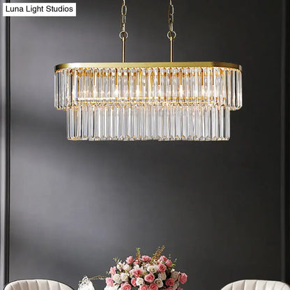 Gold-toned DecorBites ceiling light with two tiers of clear crystal rods suspension heads for 220v-240v 110v-120v use