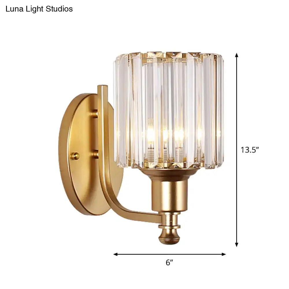 Postmodern gold wall lamp with prismatic crystal shade featuring vertical glass rods for bedroom sconce lighting