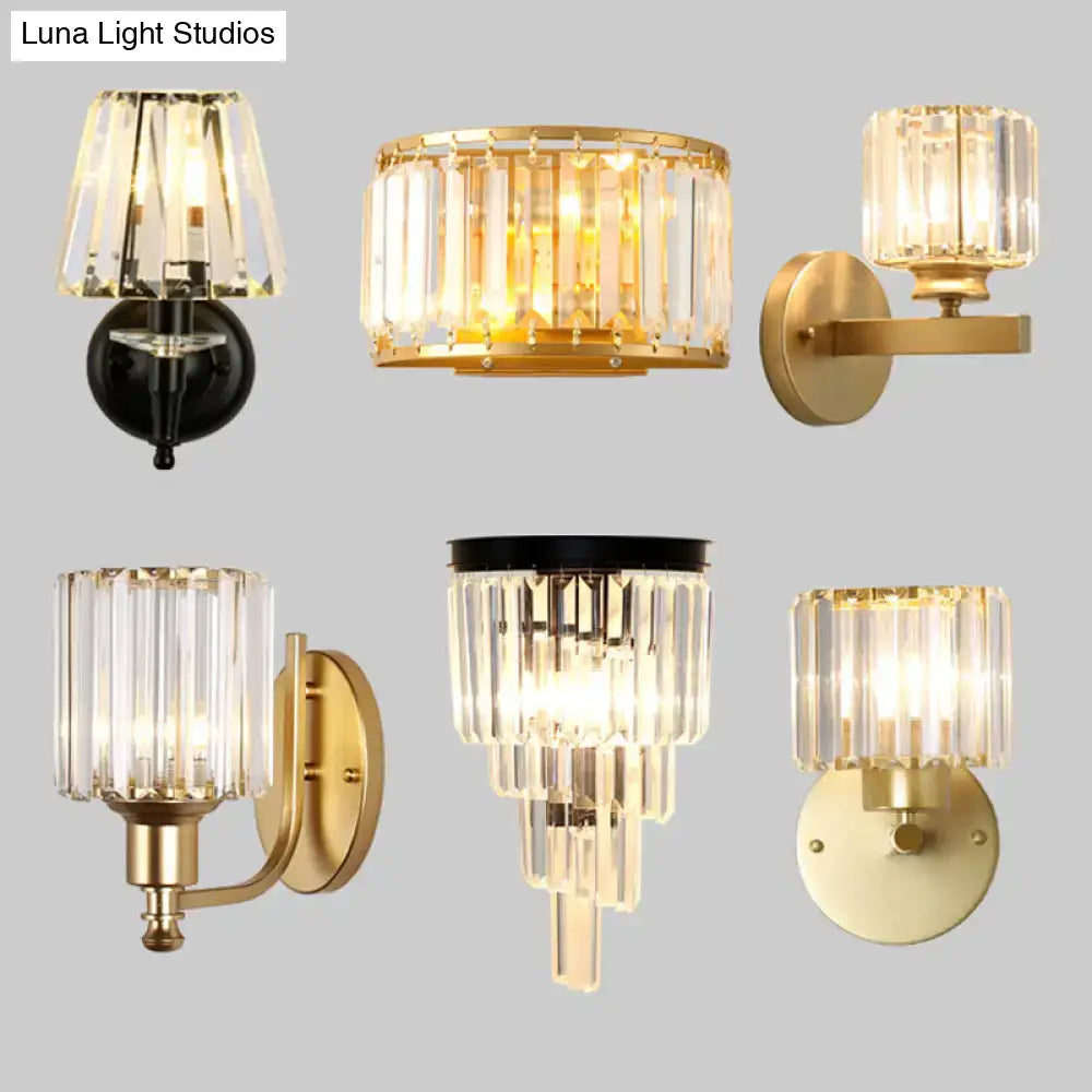Postmodern gold wall lamp with prismatic crystal shade featuring vertical crystal prisms and metal fixtures for bedroom use