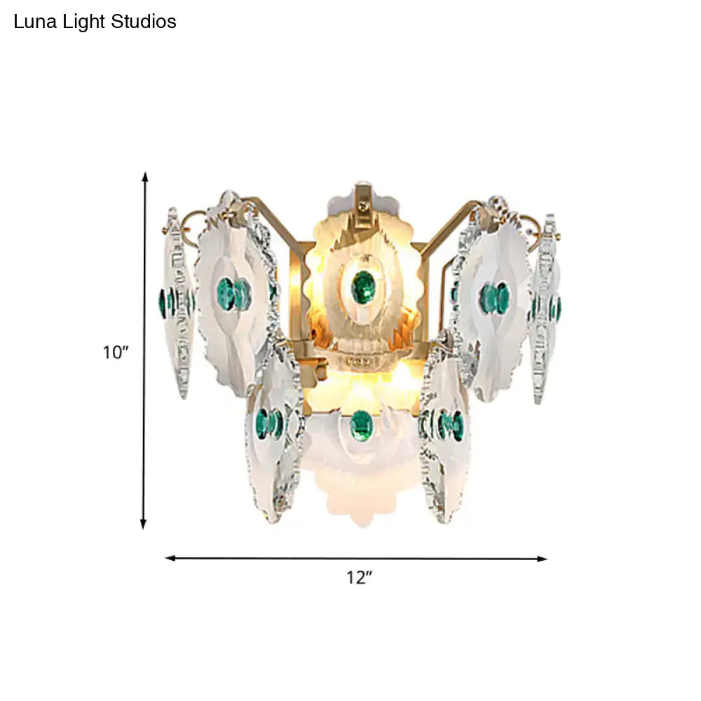Postmodern green gold gem crystal wall sconce with five scalloped white plates and green gemstones for bedroom lighting