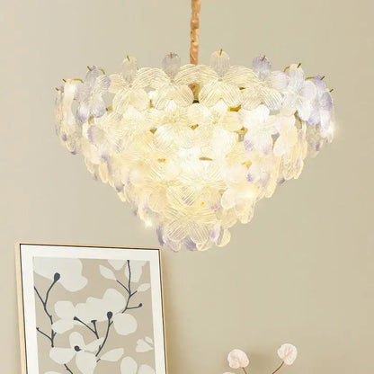 Postmodern pendant light featuring a heart-shaped glass flower princess design in lavender and white for bedroom use
