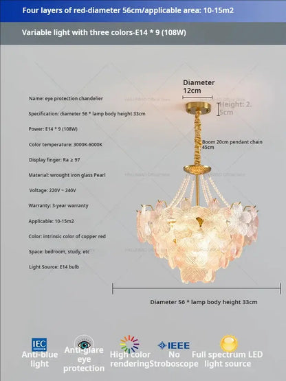 Delicate gold-toned pendant light with pink and white glass flower princess petals for flower princess room