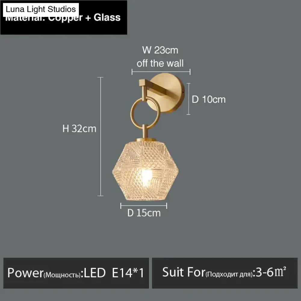 A hexagonal postmodern luxury led wall lamp with gold crystal sconce and copper-finished mounting for bedroom use
