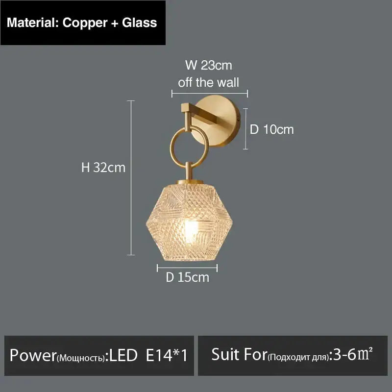 A warm-toned copper and glass hexagonal postmodern luxury led wall lamp with a textured faceted glass shade