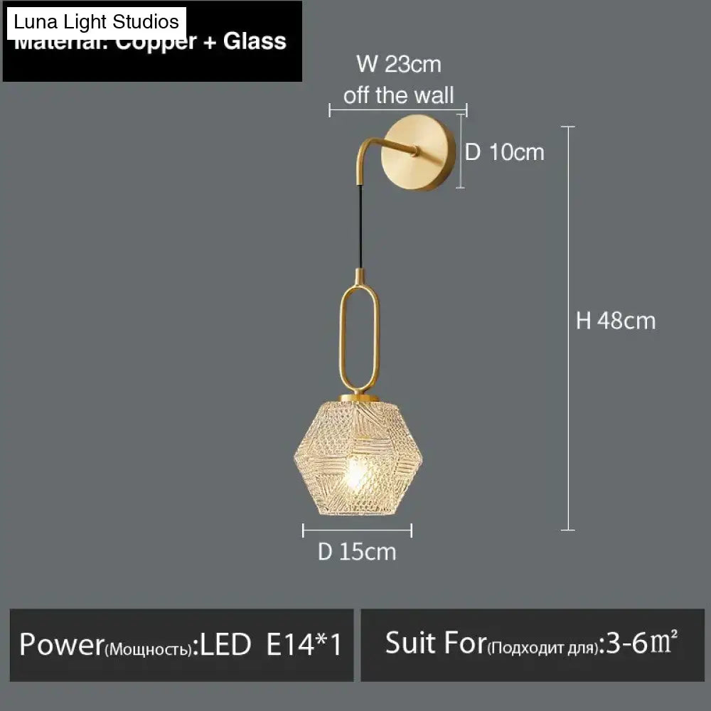 A modern hexagonal postmodern luxury led wall lamp with woven glass shade and brass frame for bedroom lighting