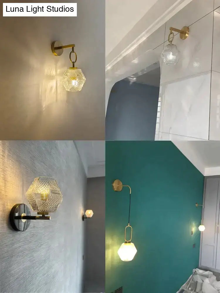 Gold-finished postmodern luxury led wall sconce with faceted crystal glass shade for bedroom lighting