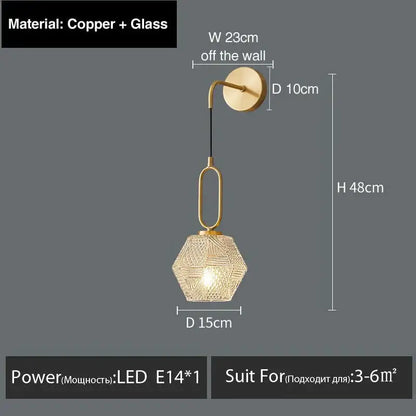 A modern hexagonal postmodern luxury led wall lamp with copper glass and intricate woven design for bedroom use