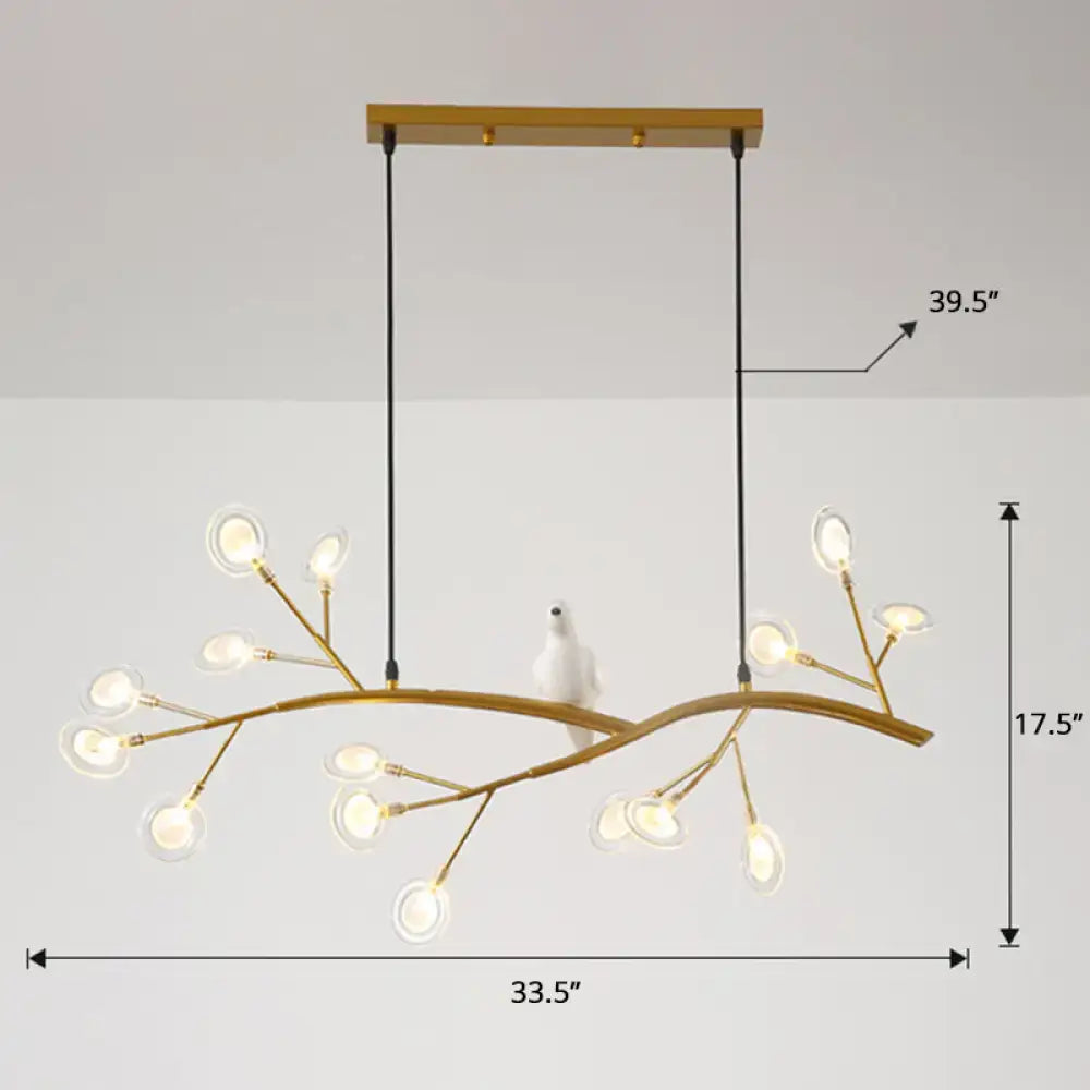 Decorbites postmodern metal island light with gold-toned branch design, frosted glass globes, and white ceramic bird figurine hanging lamp