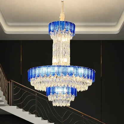 Postmodern multi-layer black crystal chandelier with vibrant blue glass tiers and clear crystal droplets for living room decorbites crystal chandelier