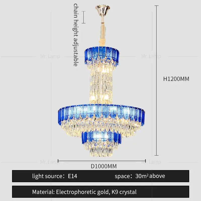 Postmodern multi-layer black crystal chandelier with blue clear crystal and electrophoretic gold finish by decorbites crystal chandelier