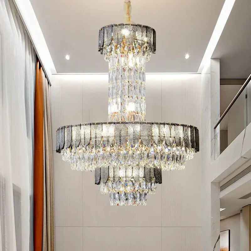 Postmodern multi-layer black crystal chandelier with dark metallic frame and clear crystals for living room decorbites crystal chandelier