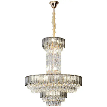 Postmodern multi-layer black crystal chandelier with brushed gold finish and cascading clear crystals for living room decorbites crystal chandelier