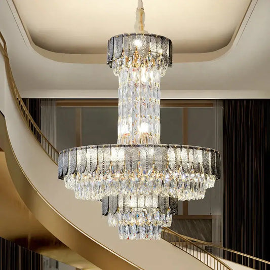 Postmodern multi-layer black decorbites crystal chandelier with cascading clear crystals for elegant living rooms