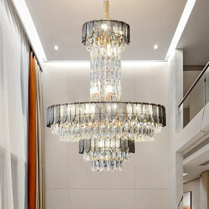 Postmodern multi-tiered black decorbites crystal chandelier with cascading clear crystals for living room decor