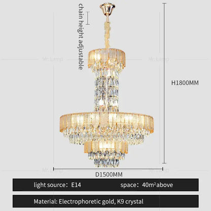 Postmodern two-tiered decorbites crystal chandelier with cascading k9 crystals and gold accents for elegant living room