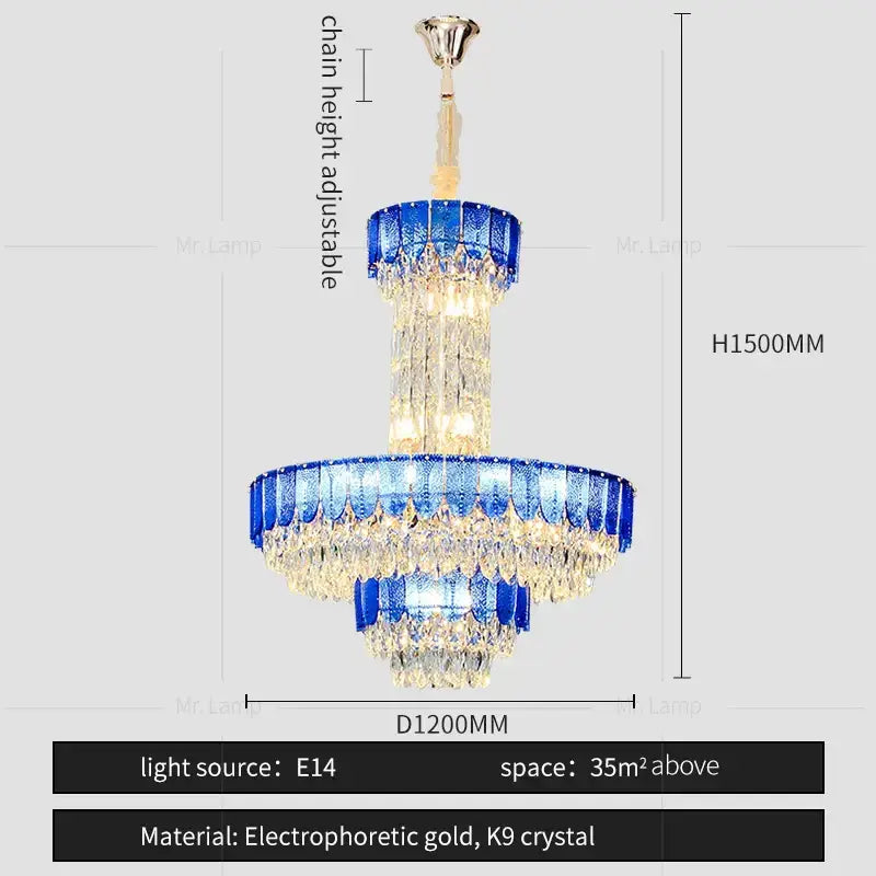 Postmodern multi-layer decorbites crystal chandelier with blue glass tiers and k9 crystal droplets for living room
