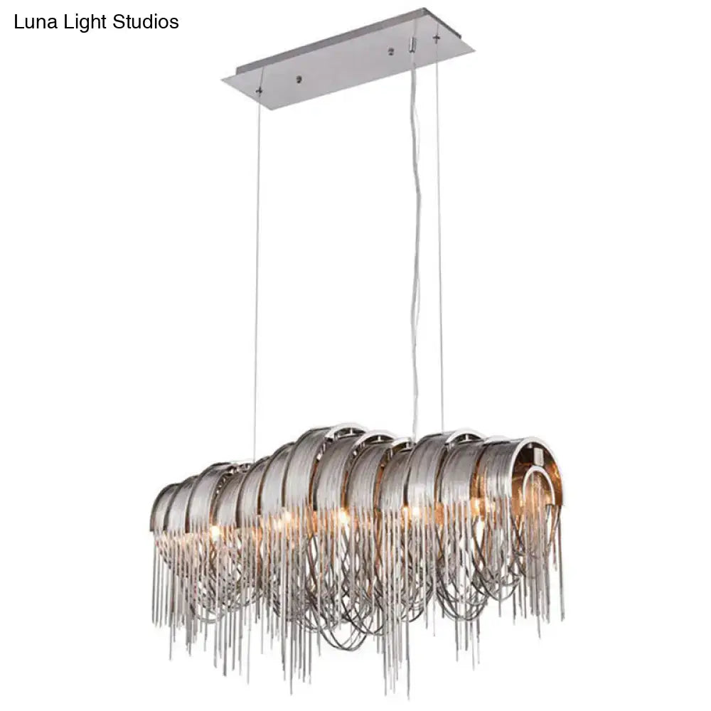 Modern chrome-finished chain chandelier with arch aluminum chain and cascading metallic fringe for 220v-240v 110v-120v use