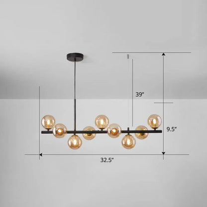 Modern black metal chandelier with seven smoke grey cognac amber glass globe bulbs for dining room lighting