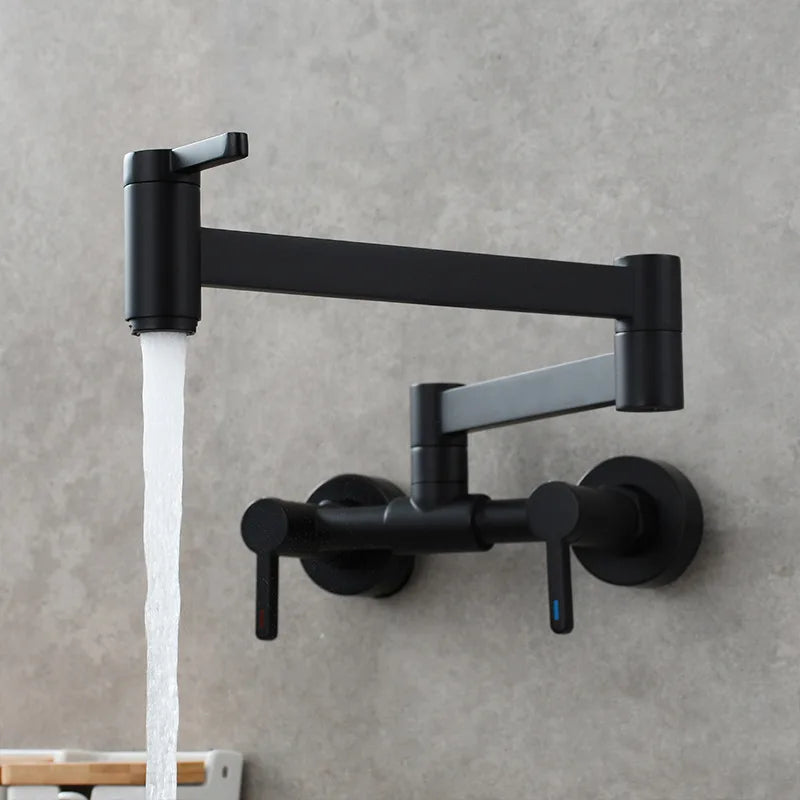 Black matte wall mounted single hole kitchen faucet with sleek articulated arm and dual handles for precise control