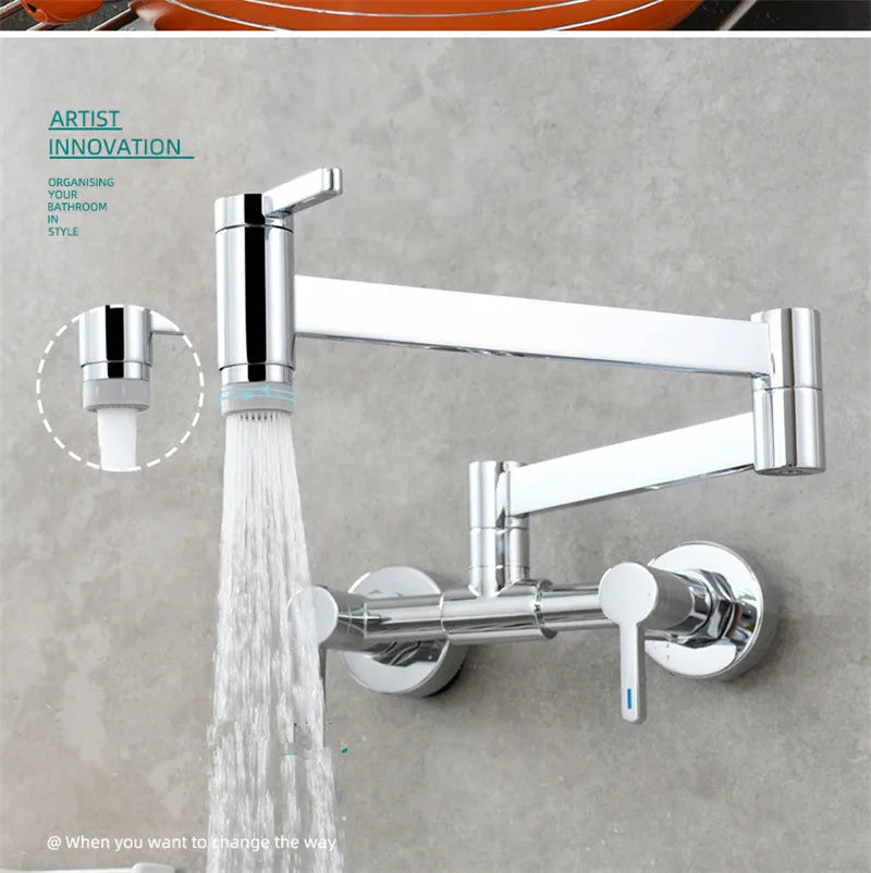 Chrome-finished wall mounted single hole pot filler tap with articulated folding spout and adjustable spray nozzle