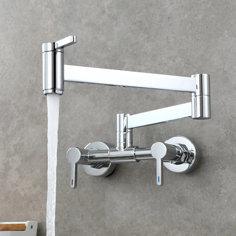 Chrome finished wall mounted single hole pot filler tap with articulated dual handles and foldable modern design