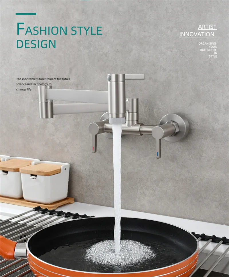 Modern wall mounted single hole pot filler tap with foldable brushed gold brass spout and dual handles for hot and cold water