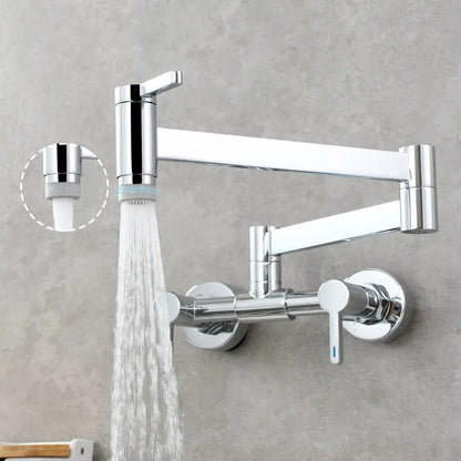 Chrome finished wall mounted single hole kitchen faucet with articulated dual handles and sleek modern design