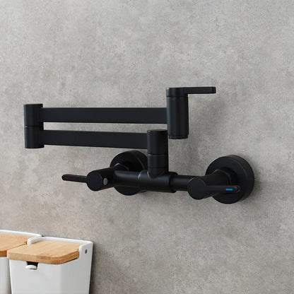 Black matte wall mounted single hole extendable kitchen faucet with dual handles and modern design in brass finish