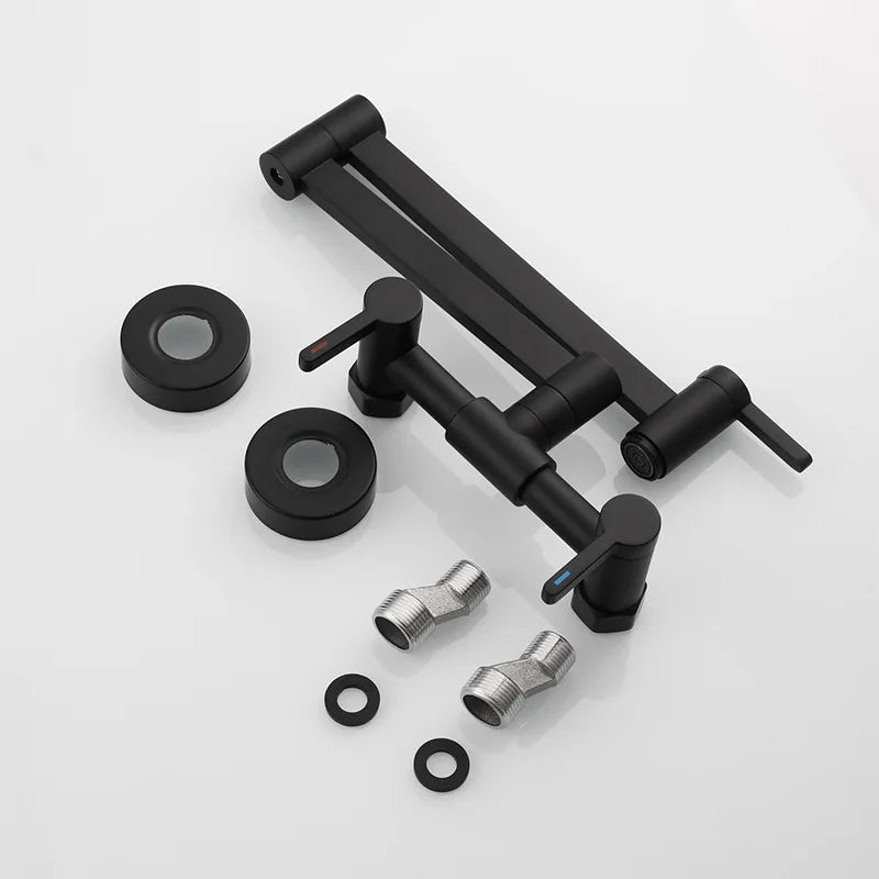 Black matte-finish wall mounted single hole kitchen faucet with two handles and foldable rotating spout hardware