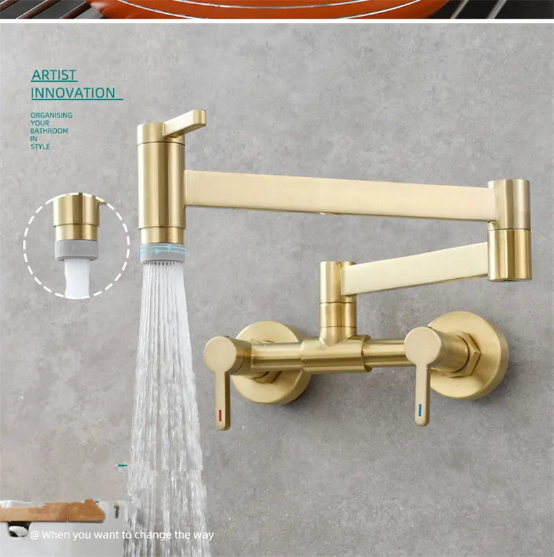 Gold-colored wall mounted pot filler tap with foldable articulated spout and dual handles single hole sink faucet
