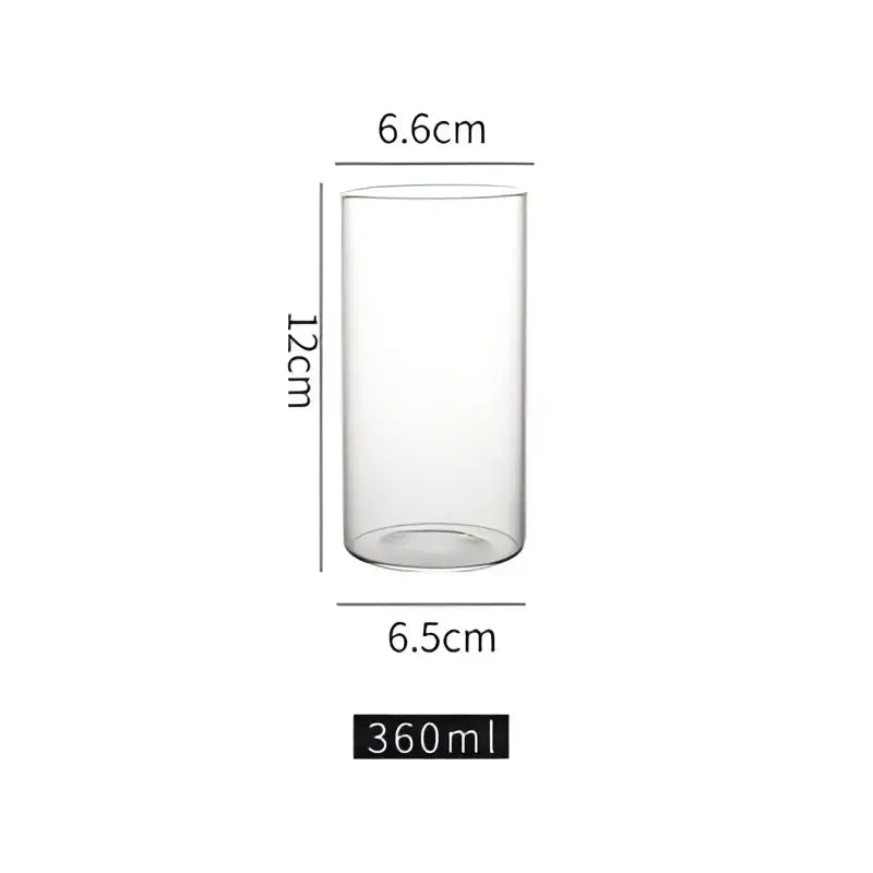 Clear glass highball cup measuring 12cm tall and 6.6cm diameter holding 360ml in premium glass highball cup set