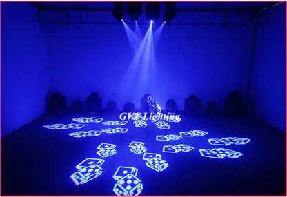 Professional black decorbites 120w led spot moving head light casting blue laser dice patterns on dark room floor