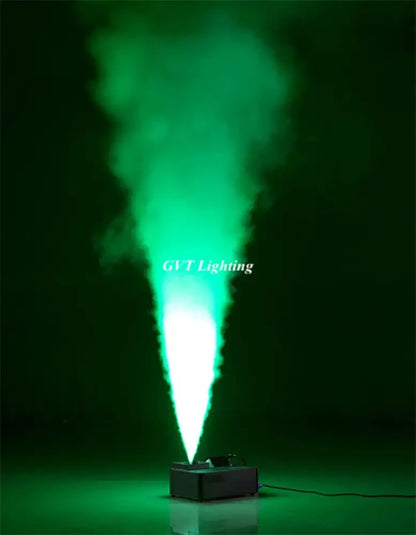 Professional black 1500w dmx led fog machine emitting green illuminated cone-shaped mist for stage lighting party use