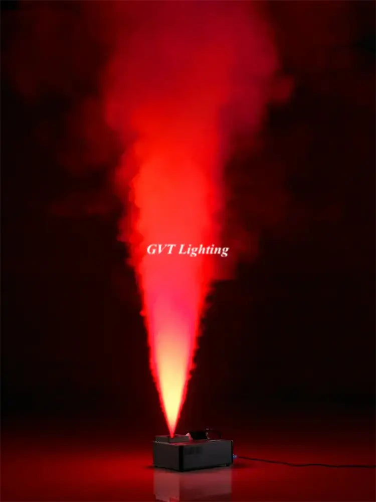 Professional black 1500w dmx led fog machine emitting vibrant red and orange fog for stage lighting and party use