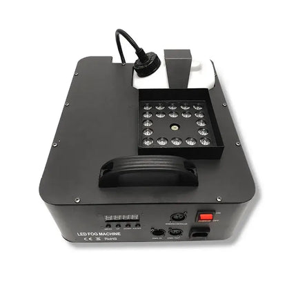 Professional black 1500w dmx led fog machine rear panel showing grid of 24 lights power switch and control ports for stage use