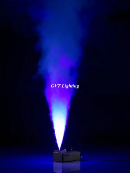Professional black 1500w dmx led fog machine emitting vibrant blue and purple mist for stage and party lighting